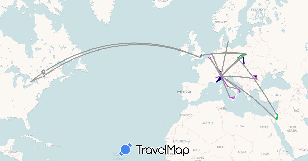 TravelMap itinerary: driving, bus, plane, train in Belgium, Canada, Switzerland, Denmark, France, United Kingdom, Israel, Italy, Jordan, Monaco, Netherlands, Poland, Romania (Asia, Europe, North America)